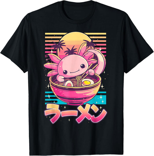 Adults Anime Retro Kawaii Axolotl Ramen T-Shirt - T-Shirt | Black