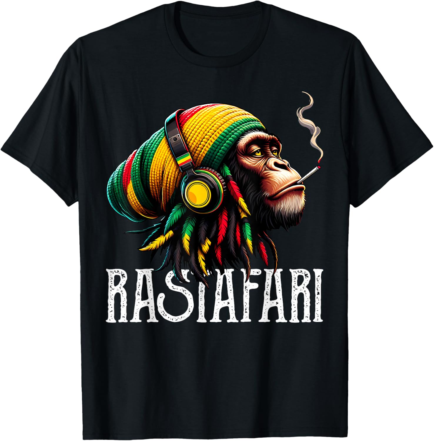 Jamaican Roots Reggae Chimpanzee Headphones Rastafari T-Shirt - T-Shirt | Black