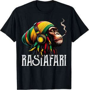 Jamaican Roots Reggae Chimpanzee Headphones Rastafari T-Shirt - T-Shirt | Black