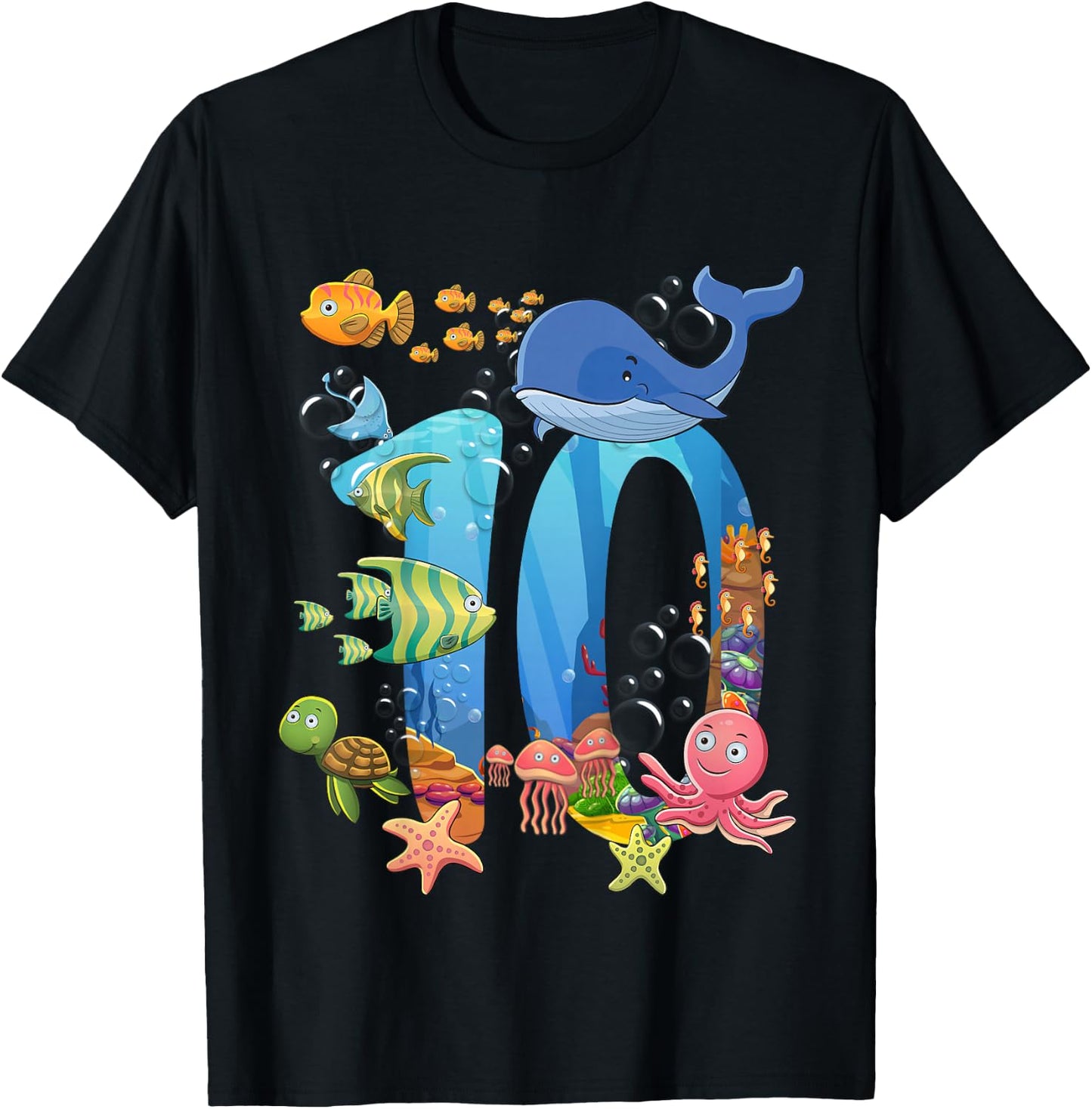 10 Years Old Sea Fish Ocean Animal 10th Birthday Boy Girl T-Shirt - T-Shirt | Black