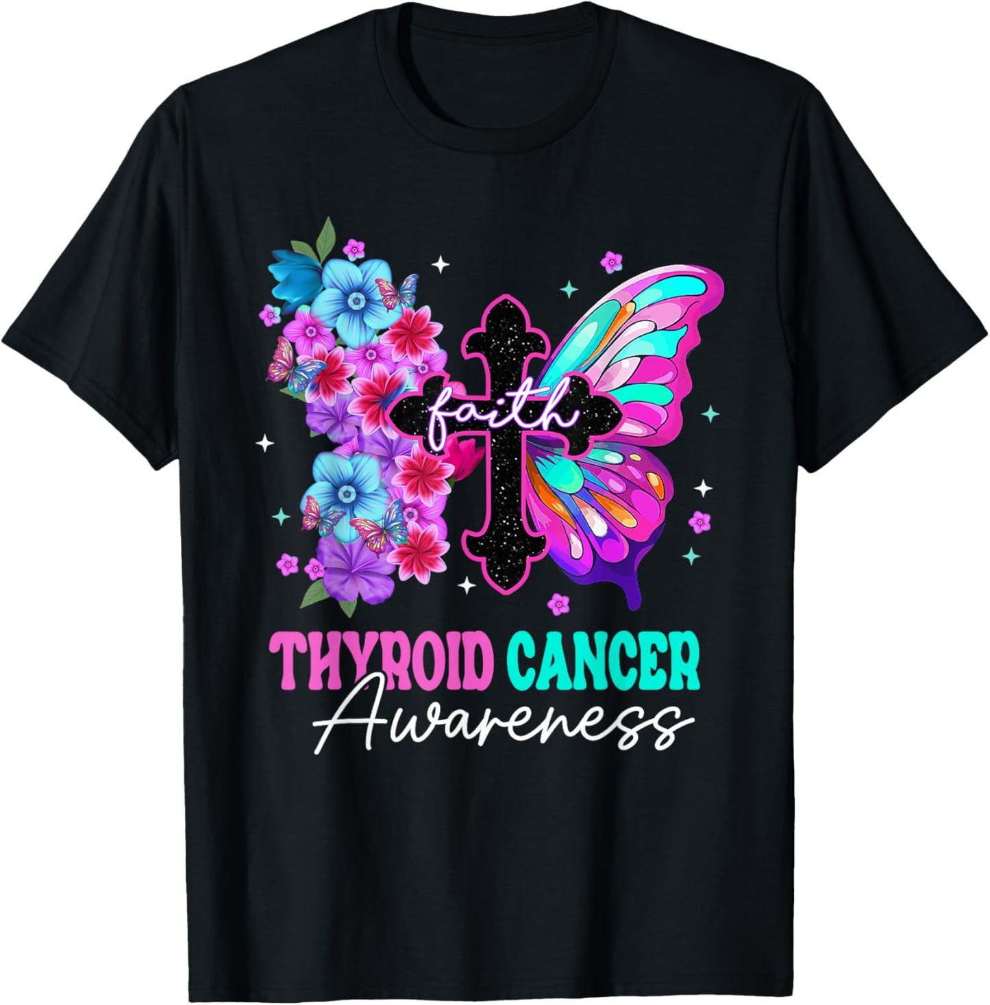 Faith Butterfly Christian Cross Thyroid Cancer Awareness T-Shirt - T-Shirt | Black