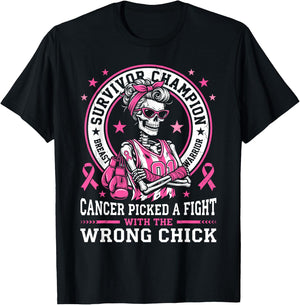 Cancer Picked A Fight with The Wrong Chick Breast Cancer Gag T-Shirt - T-Shirt | Black