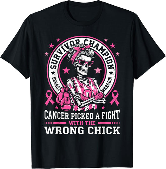 Cancer Picked A Fight with The Wrong Chick Breast Cancer Gag T-Shirt - T-Shirt | Black