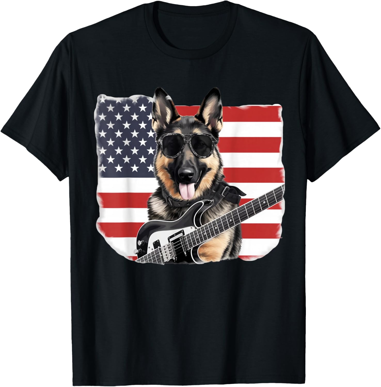 Sunglasses German Shepherd Guitar Rock & Roll American Flag T-Shirt - T-Shirt | Black