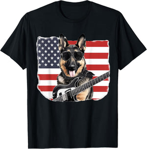 Sunglasses German Shepherd Guitar Rock & Roll American Flag T-Shirt - T-Shirt | Black