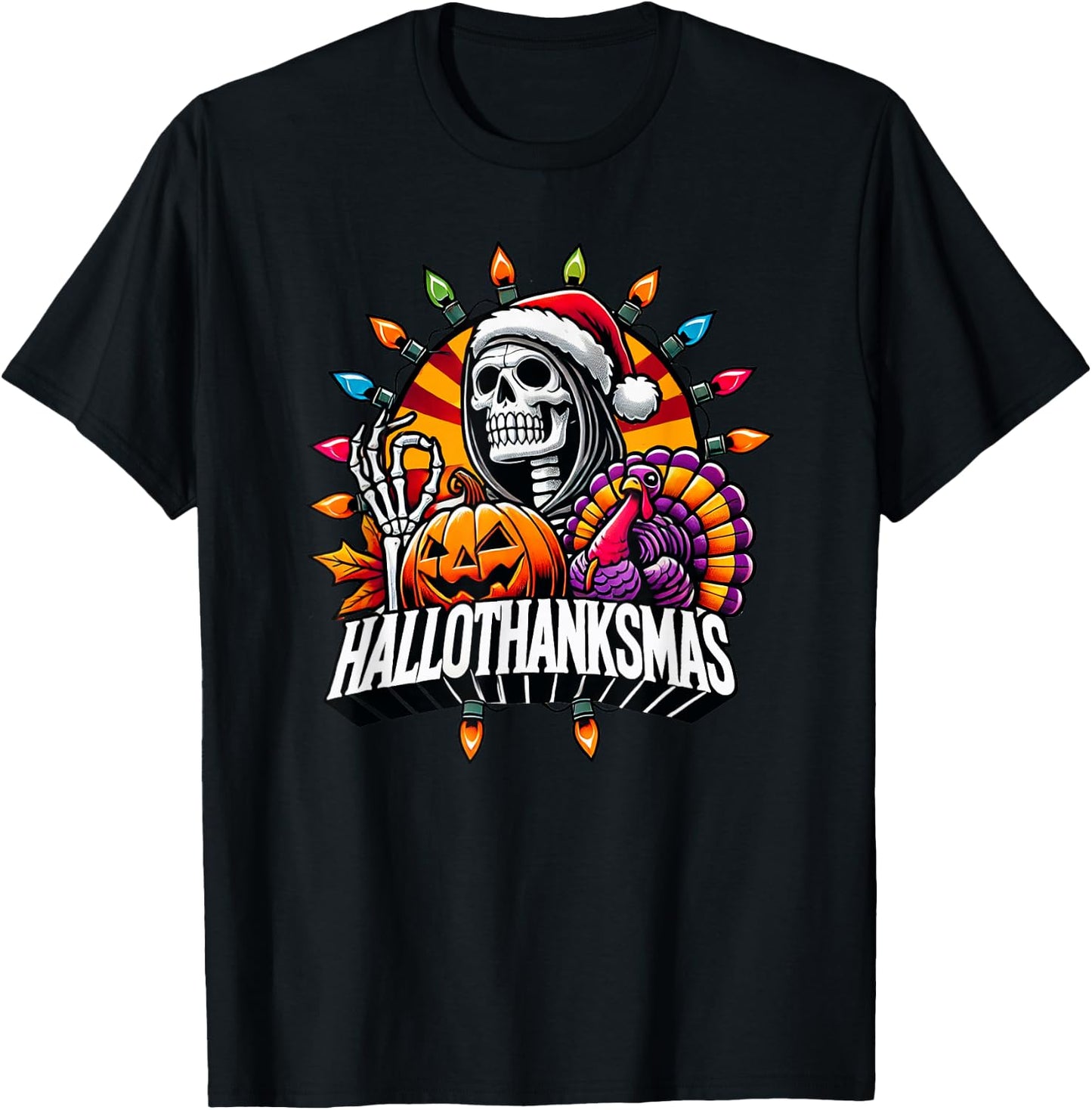 Happy HallowThanksMas Halloween Thanksgiving Christmas Fall T-Shirt - T-Shirt | Black