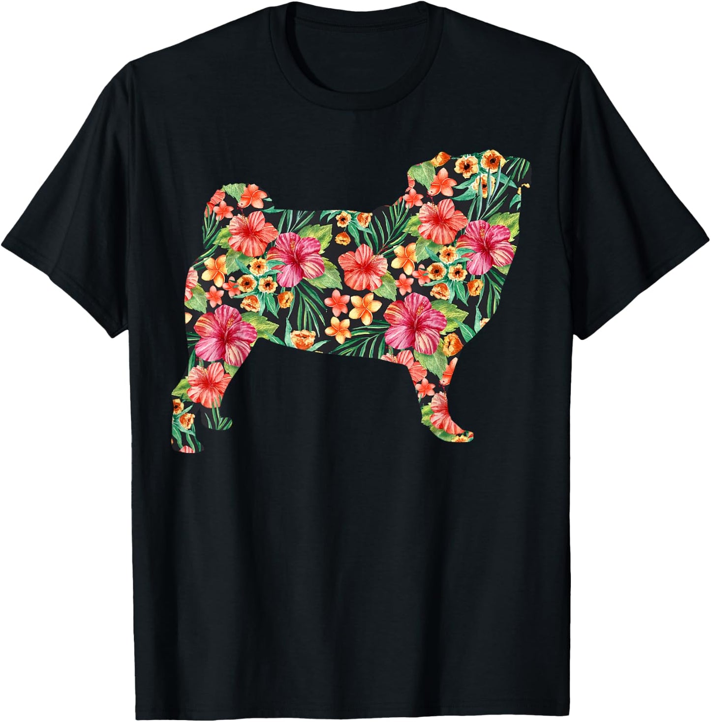 Pug Flower Funny Dog Silhouette Floral Gifts Women Men T-Shirt - T-Shirt | Black
