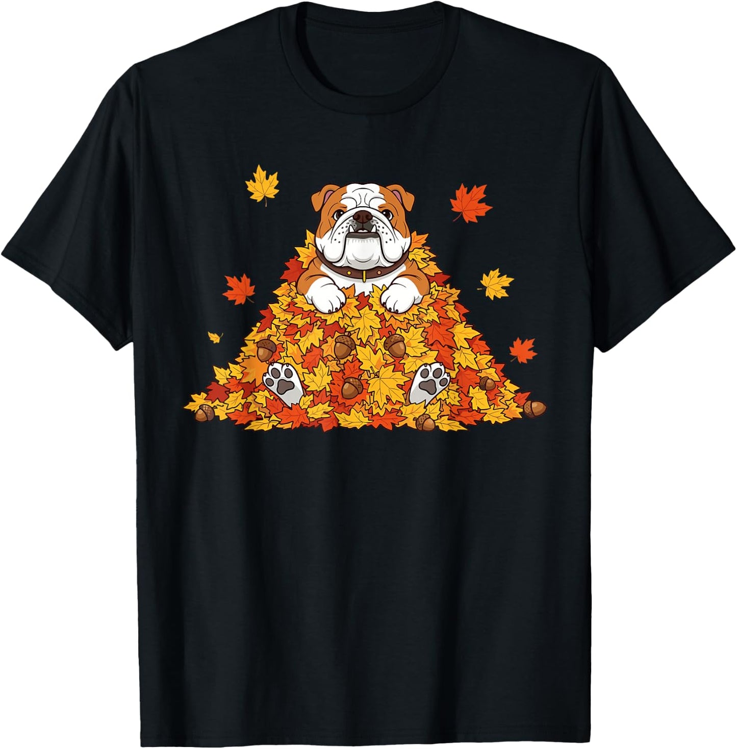 Thanksgiving English Bulldog Costume Kids, Fall Leaves Dog T-Shirt - T-Shirt | Black