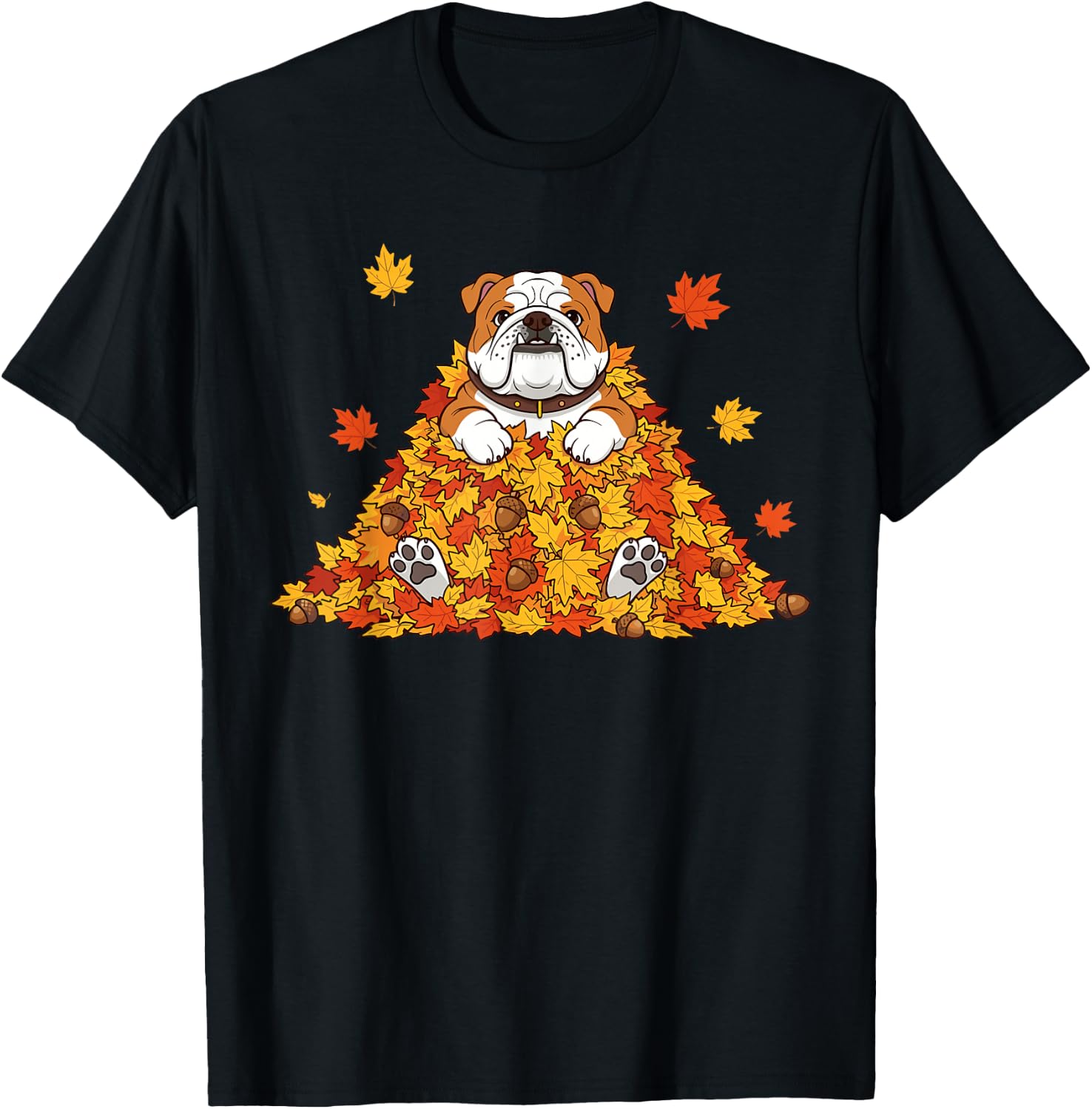 Thanksgiving English Bulldog Costume Kids, Fall Leaves Dog T-Shirt - T-Shirt | Black