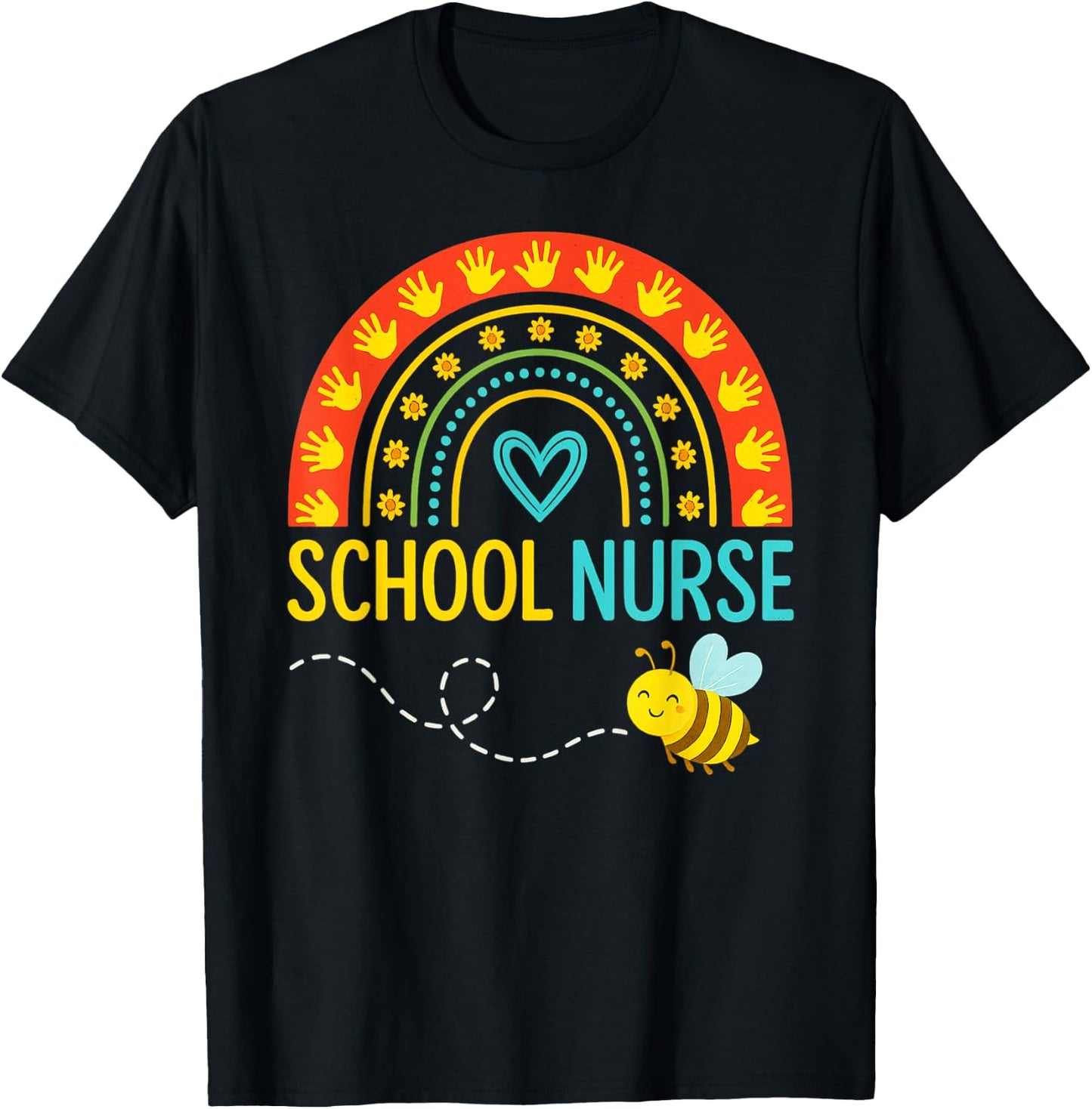 School Nurse Bee Rainbow Handprint Art T-Shirt - T-Shirt | Black