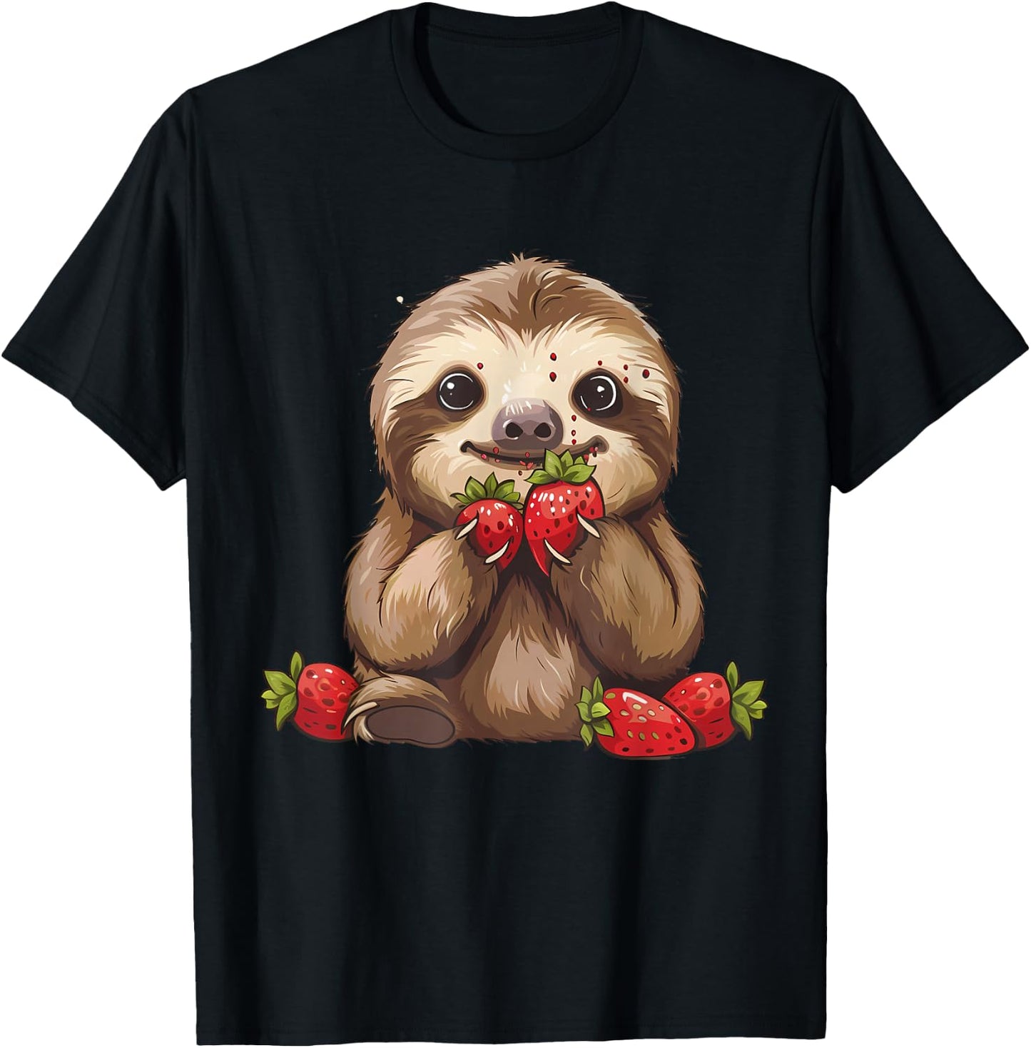 Strawberry Sloth Drawing Artwork Strawberries Cute Sloth T-Shirt - T-Shirt | Black