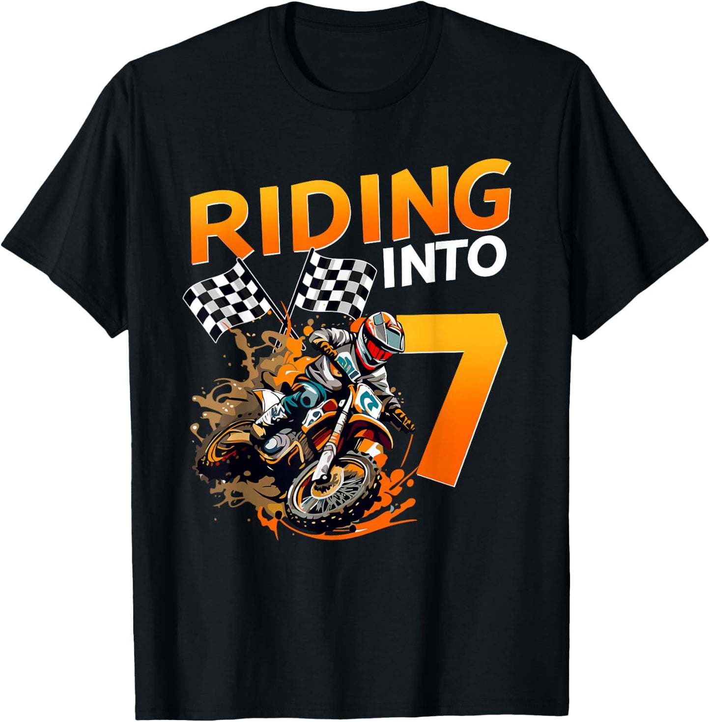 Riding Into 7 Years Old Birthday Dirt Bike Boy 7th Party T-Shirt - T-Shirt | Black