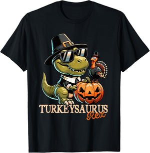 Dinosaur Thanksgiving Outfit Fall Boys Kids Toddler Turkey T-Shirt - T-Shirt | Black
