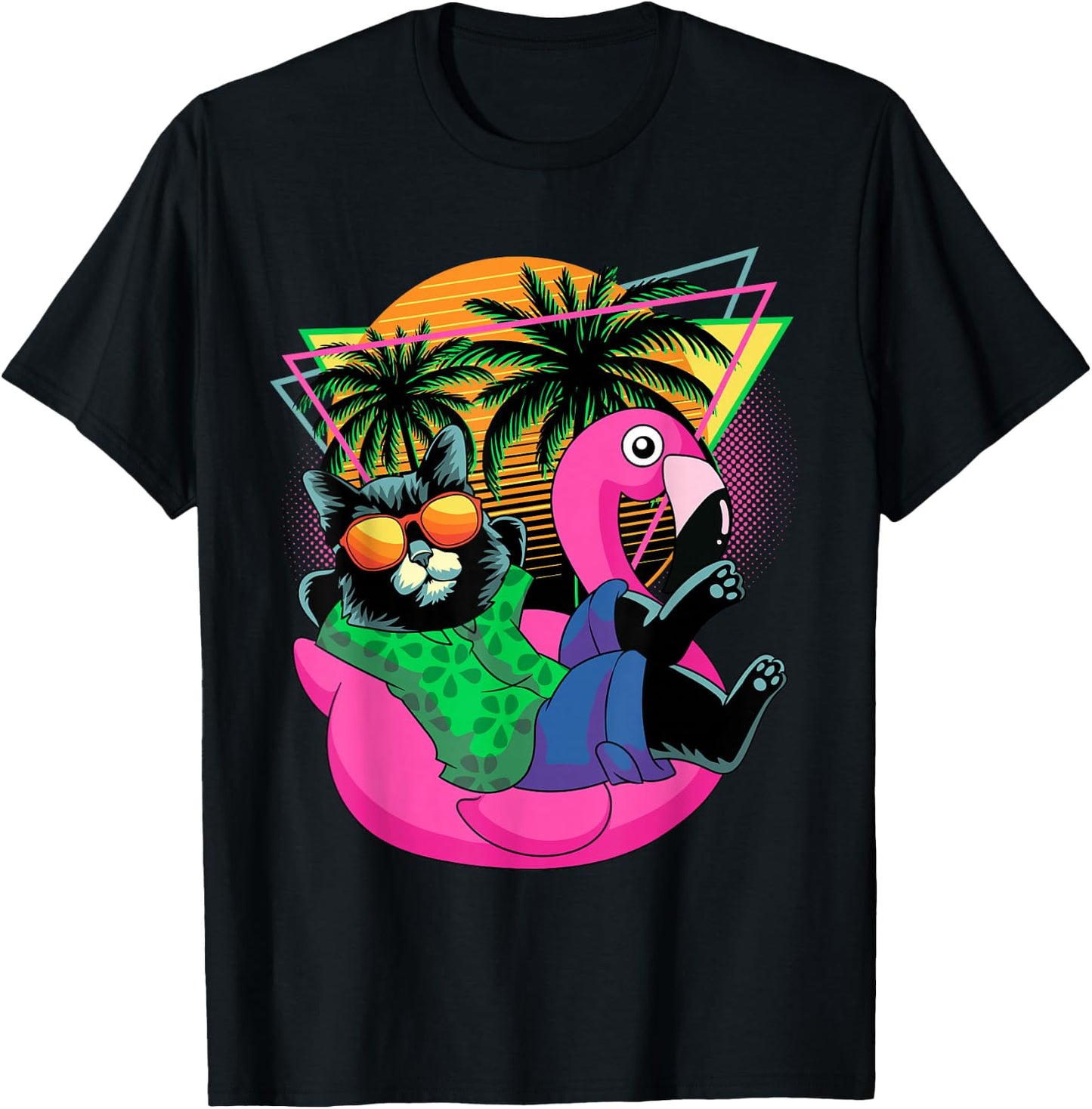 Retro 80s 90s Flamingo Cat Gifts Men Kids Women Funny Cat T-Shirt - T-Shirt | Black
