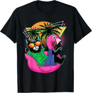 Retro 80s 90s Flamingo Cat Gifts Men Kids Women Funny Cat T-Shirt - T-Shirt | Black