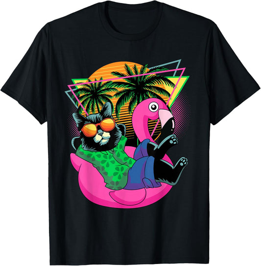 Retro 80s 90s Flamingo Cat Gifts Men Kids Women Funny Cat T-Shirt - T-Shirt | Black