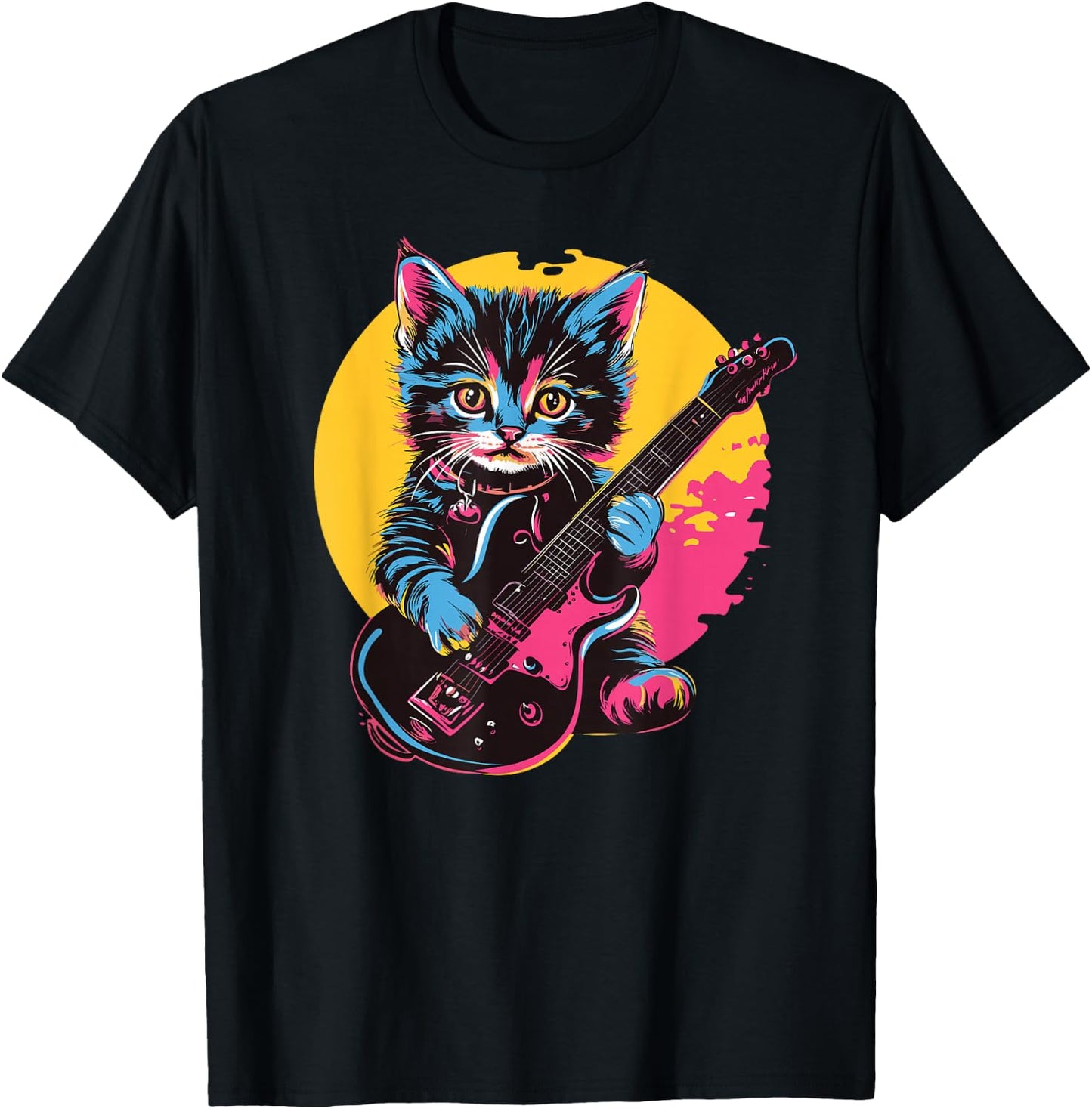 Cute Kitten Playing Guitar Rock Style , Black, S T-Shirt - T-Shirt | Black