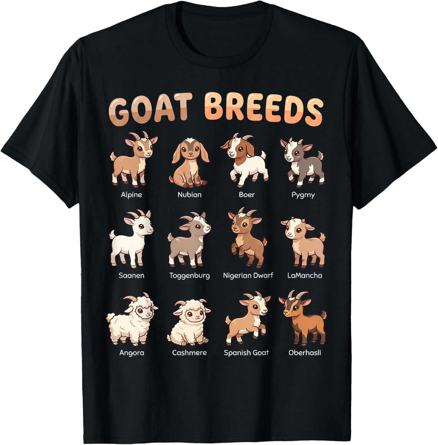 Goat Breeds for Kids Farm Animals Learning Chart T-Shirt - T-Shirt | Black