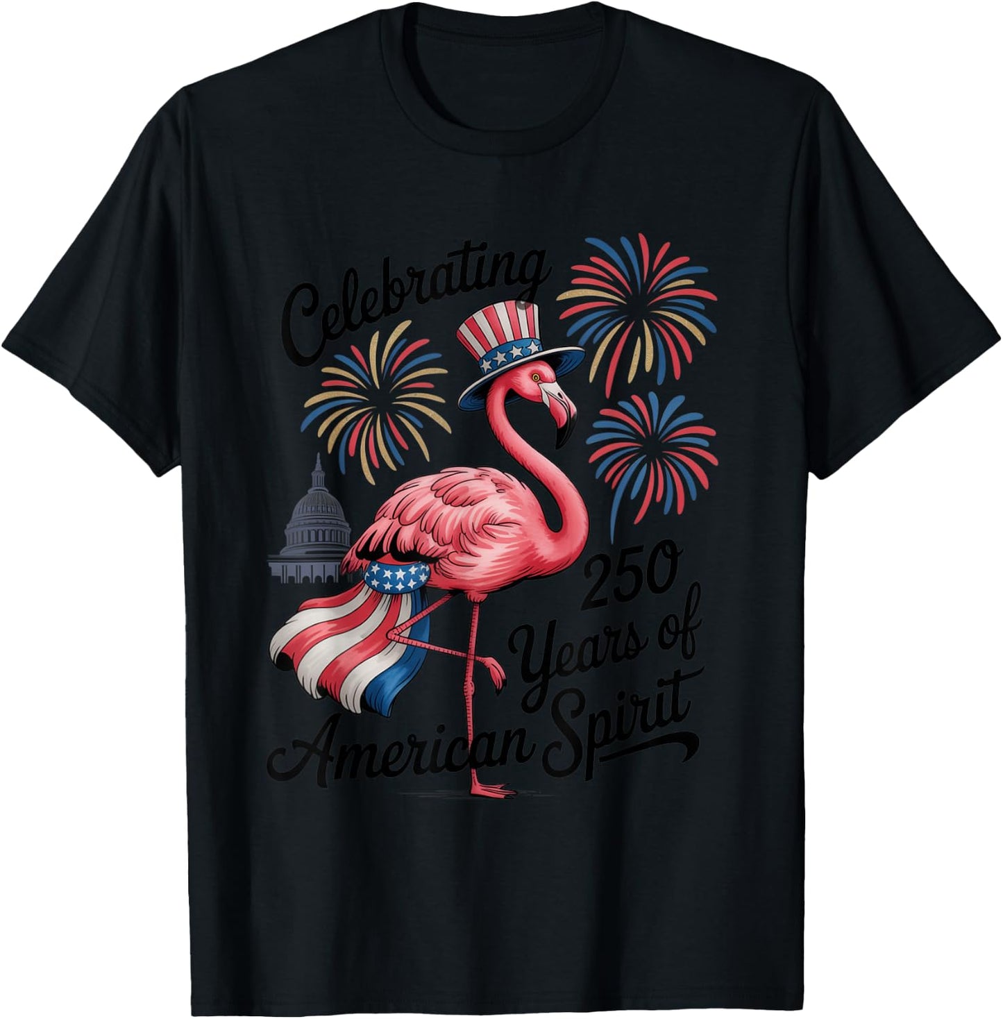 Patriotic Flamingo 250 Years American Spirit USA Apparel T-Shirt - T-Shirt | Black