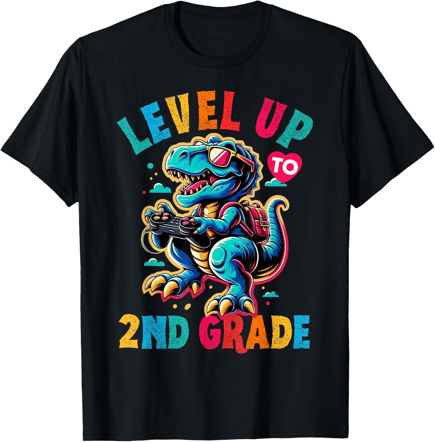 Dinosaur boys back to School 2nd grade Level up video games T-Shirt - T-Shirt | Black