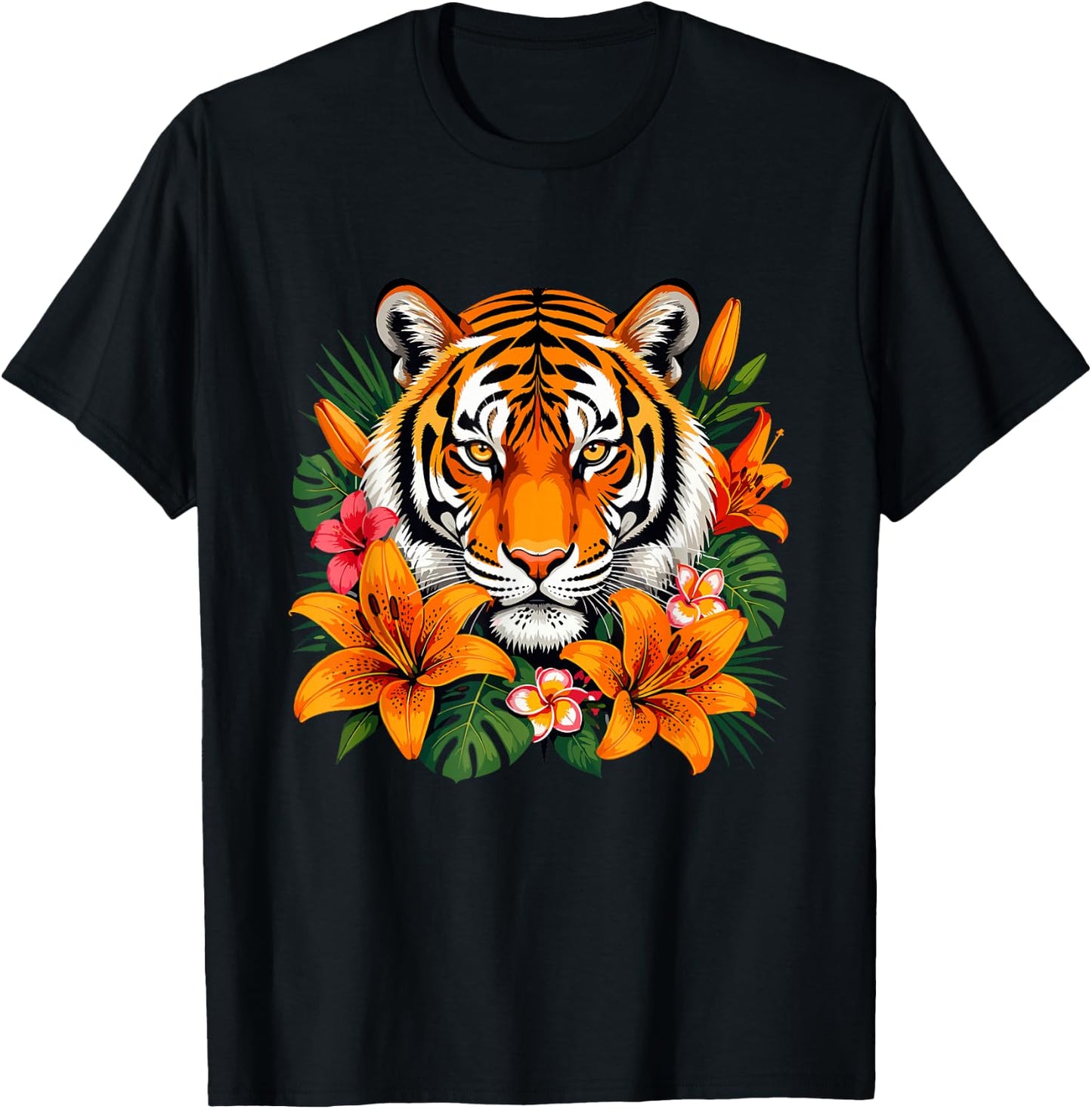 Tropical Tiger with Orange Lilies Jungle Flowers T-Shirt - T-Shirt | Black