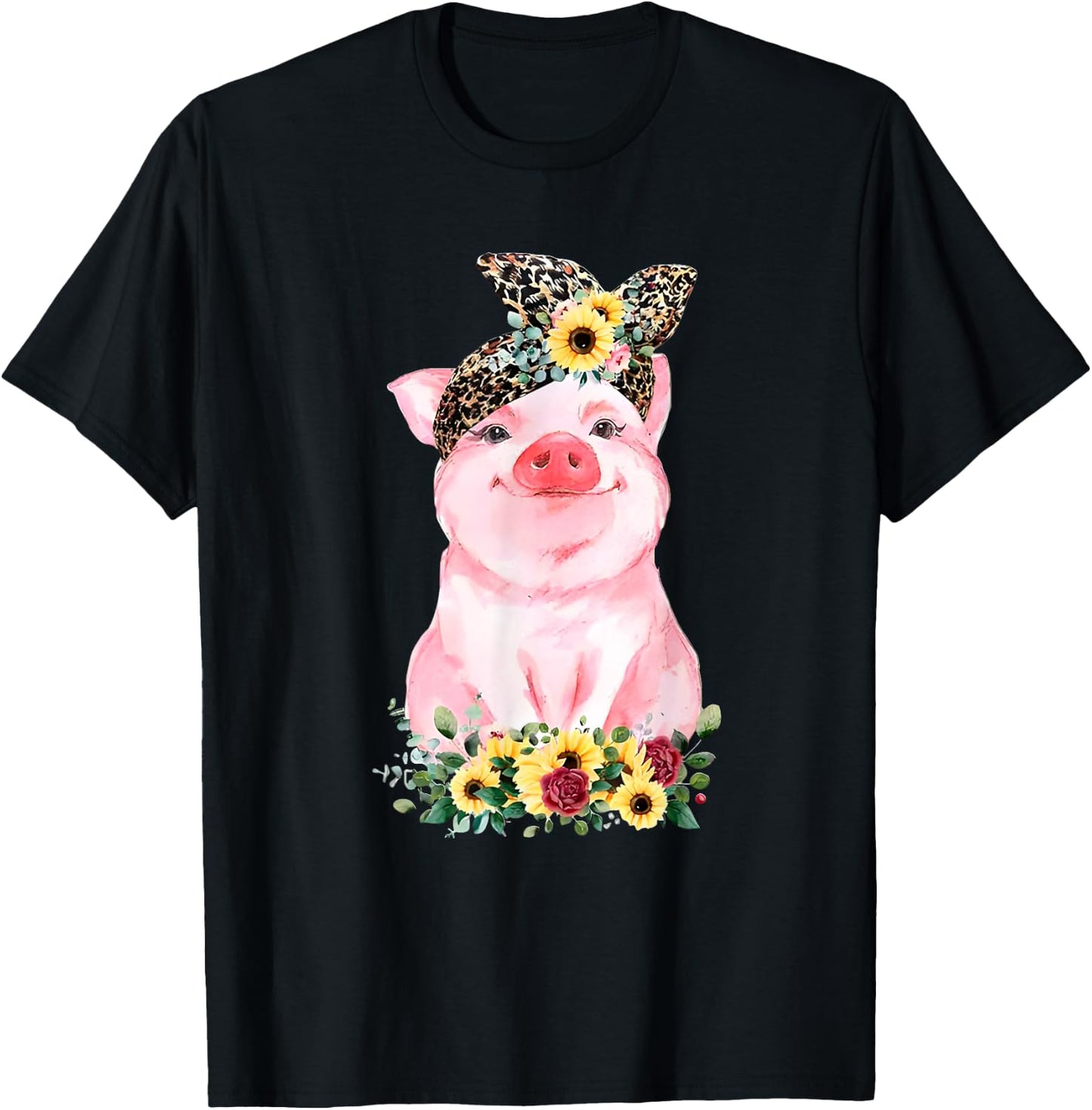 Pig With Leopard Headband Flower Cute Pig Lover T-Shirt - T-Shirt | Black