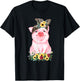 Pig With Leopard Headband Flower Cute Pig Lover T-Shirt - T-Shirt | Black