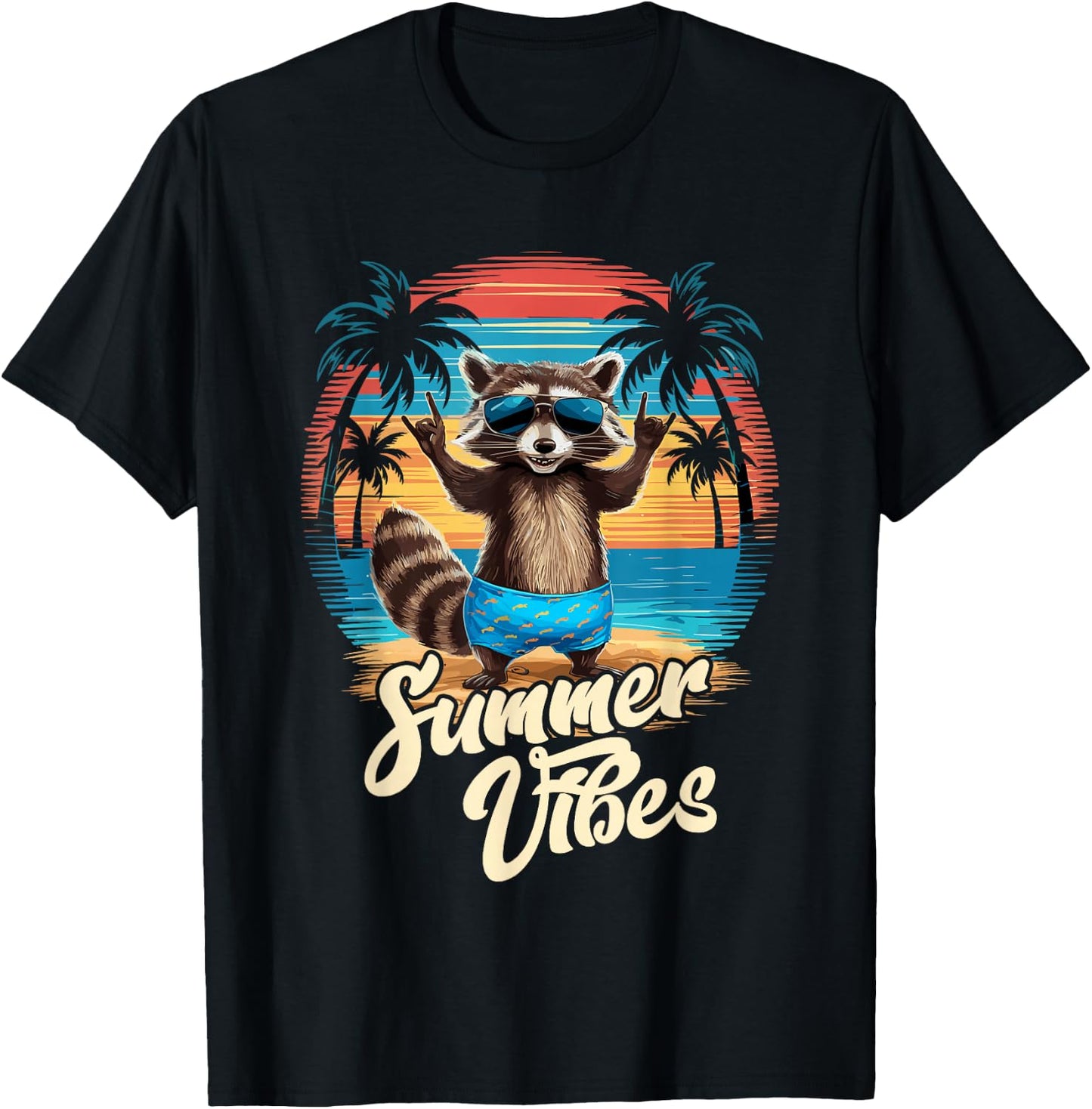 Beach Caribbean Party Hawaii Holiday Surfer Raccoon Summer , black T-Shirt - T-Shirt | Black