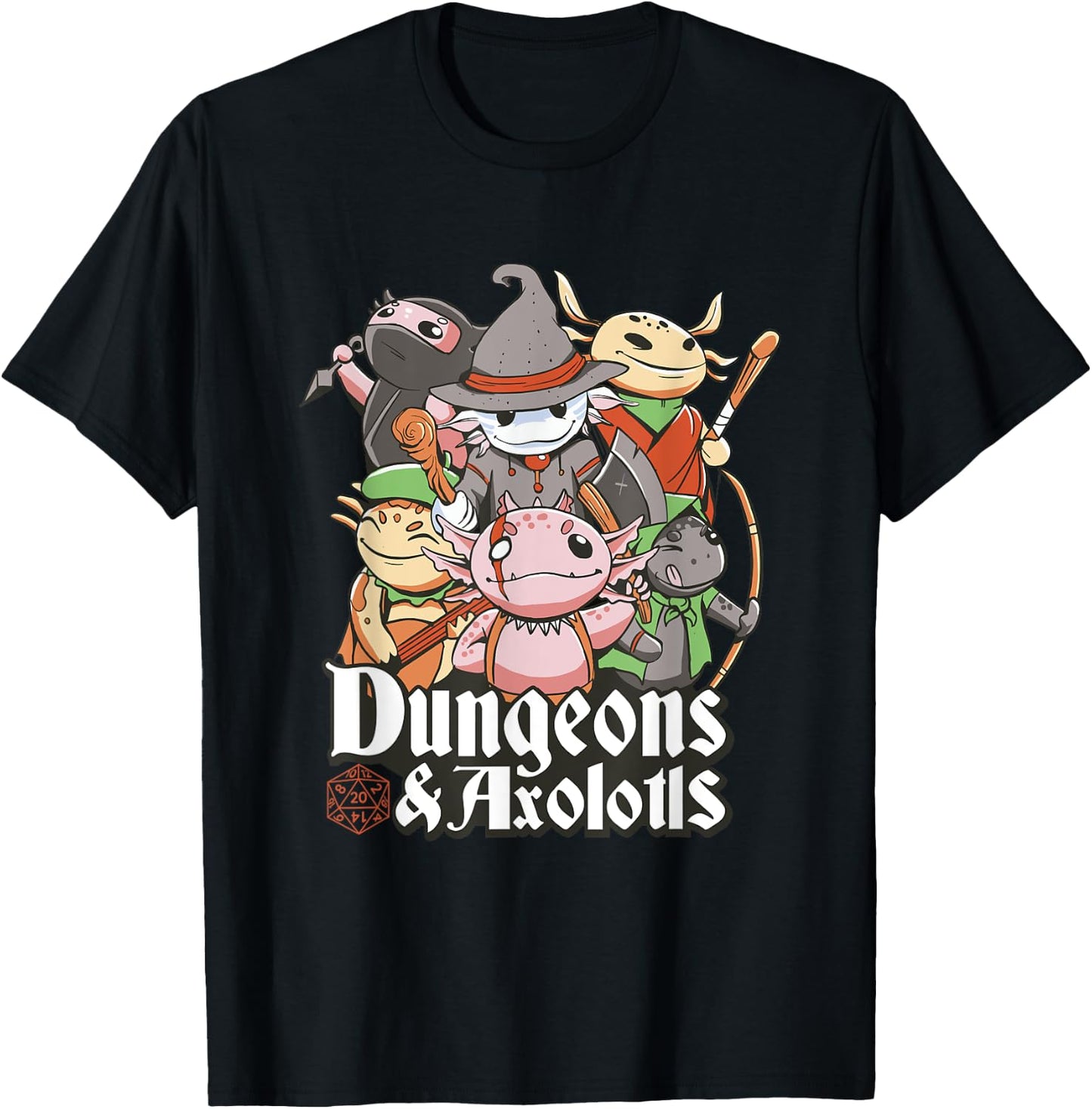Funny Dungeon Axolotl Wizards And Warriors Medieval D20 Dice T-Shirt - T-Shirt | Black