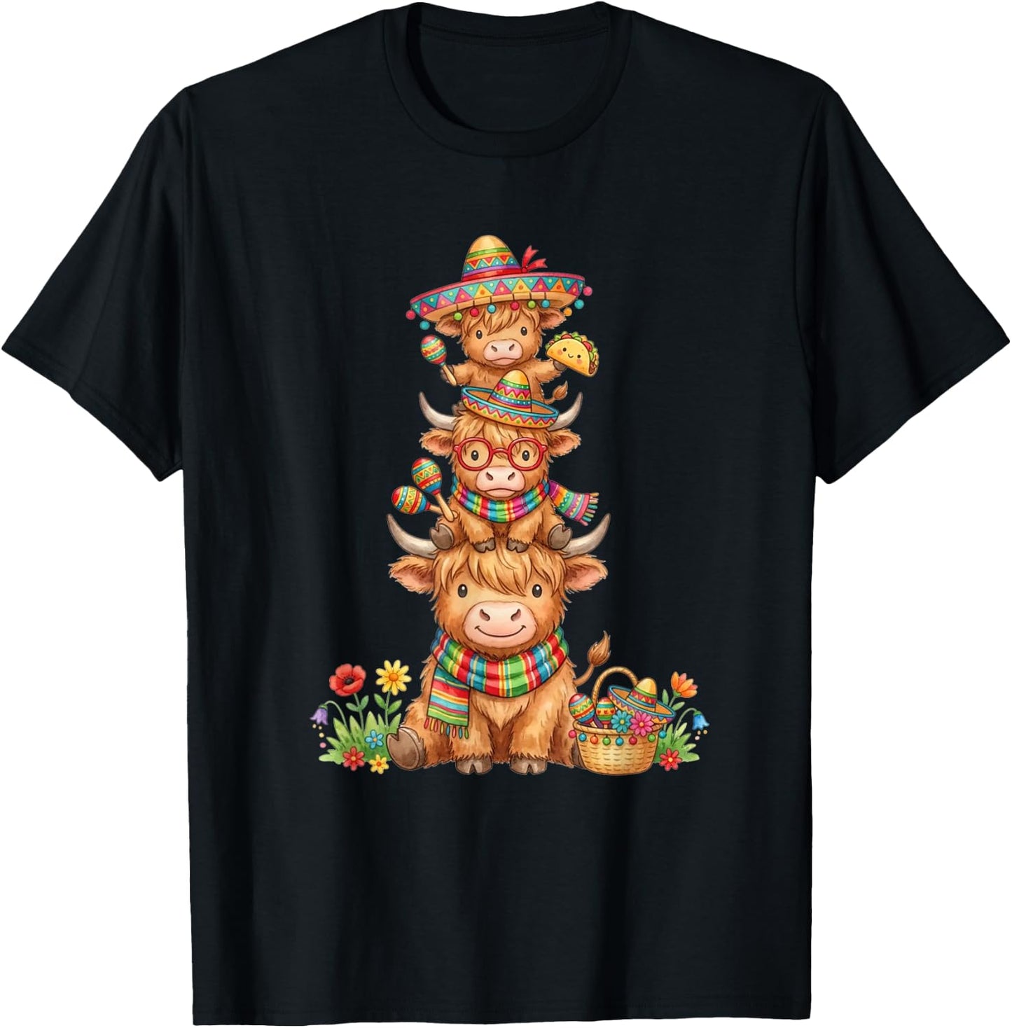 Highland Cow Fiesta with Sombrero and Maracas Cinco De Mayo T-Shirt - T-Shirt | Black