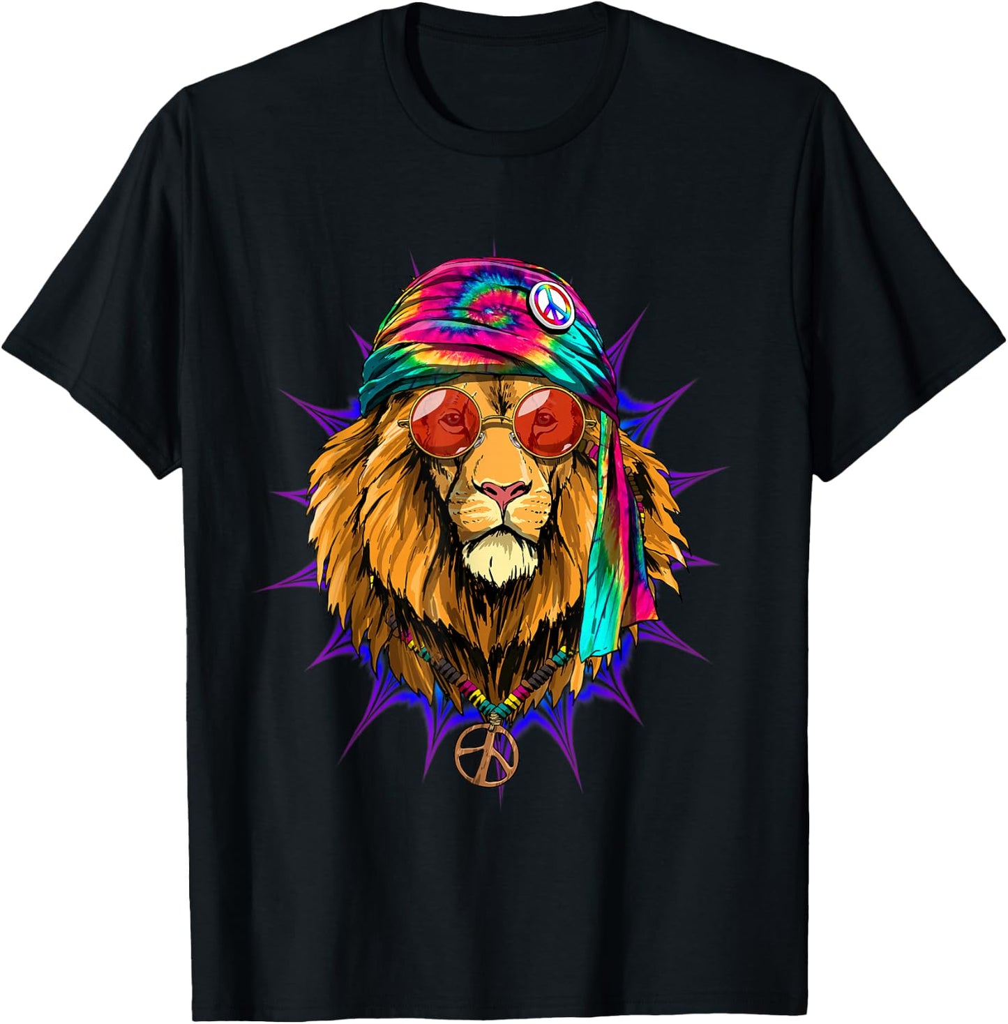 Tie Dye Hippie Lion Hippiness Peace Love Lion T-Shirt - T-Shirt | Black