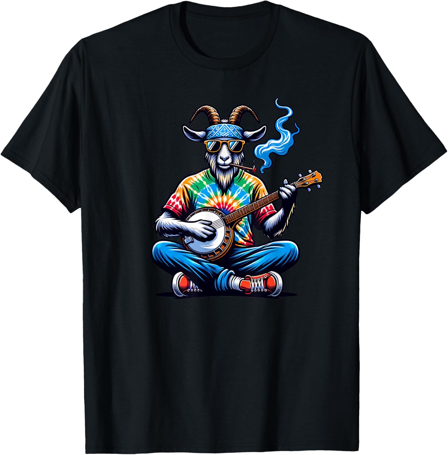Goat Playing Bluegrass Music on a Banjo Wearing Tie Dye T-Shirt - T-Shirt | Black