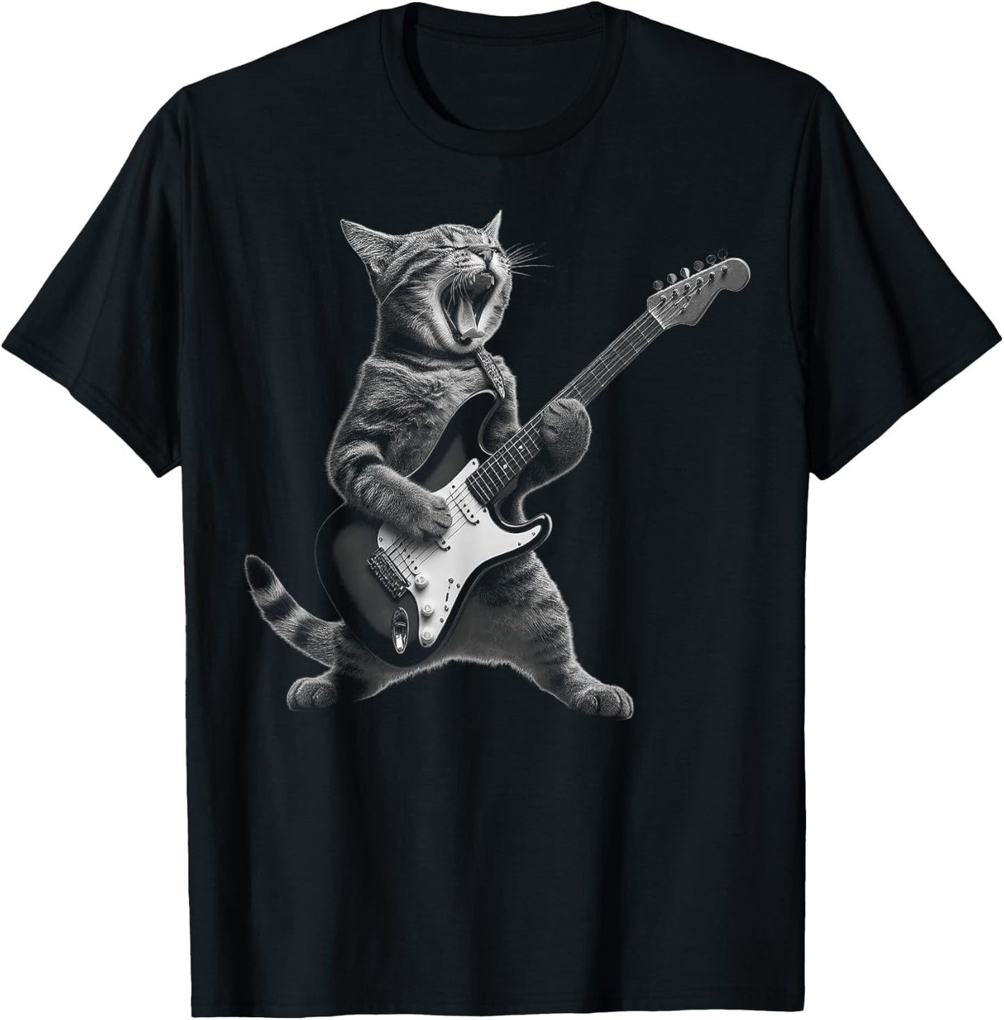 Funny Cat Playing Guitar Rock and Roll Gifts Men Women Kid T-Shirt - T-Shirt | Black