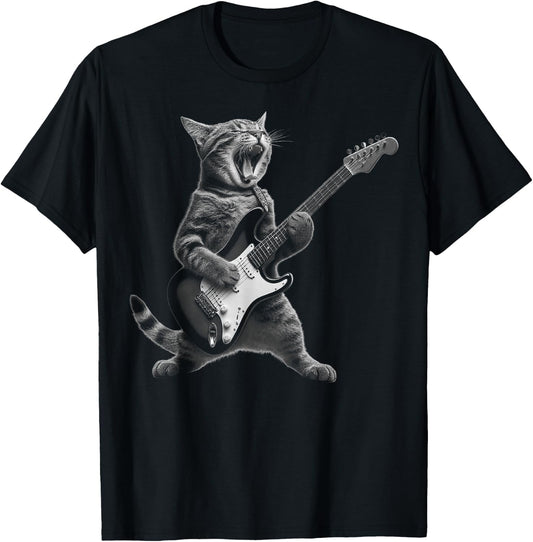 Funny Cat Playing Guitar Rock and Roll Gifts Men Women Kid T-Shirt - T-Shirt | Black