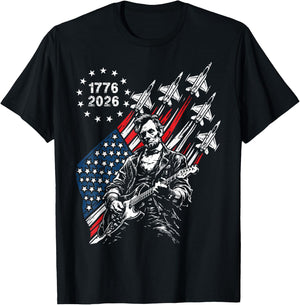 250 Years Fighter Jets US Flag Abe Lincoln Playing Guitar T-Shirt - T-Shirt | Black