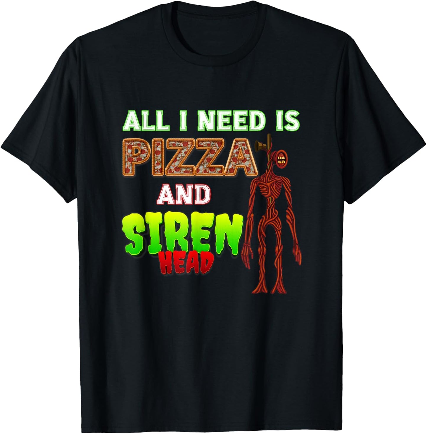 Scary Love Siren Head and Pizza T-Shirt - T-Shirt | Black