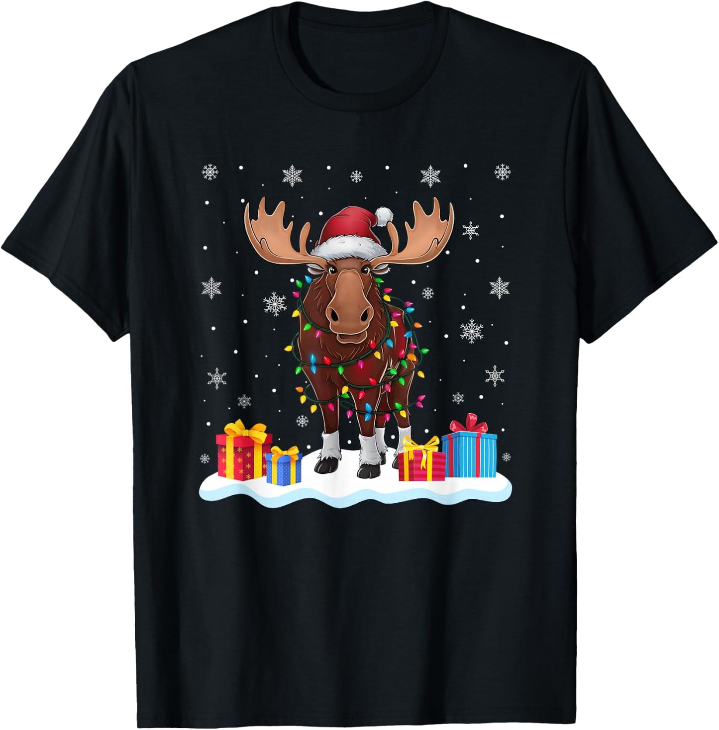 Moose Santa Hat Christmas Tree Light Xmas Pajama T-Shirt - T-Shirt | Black