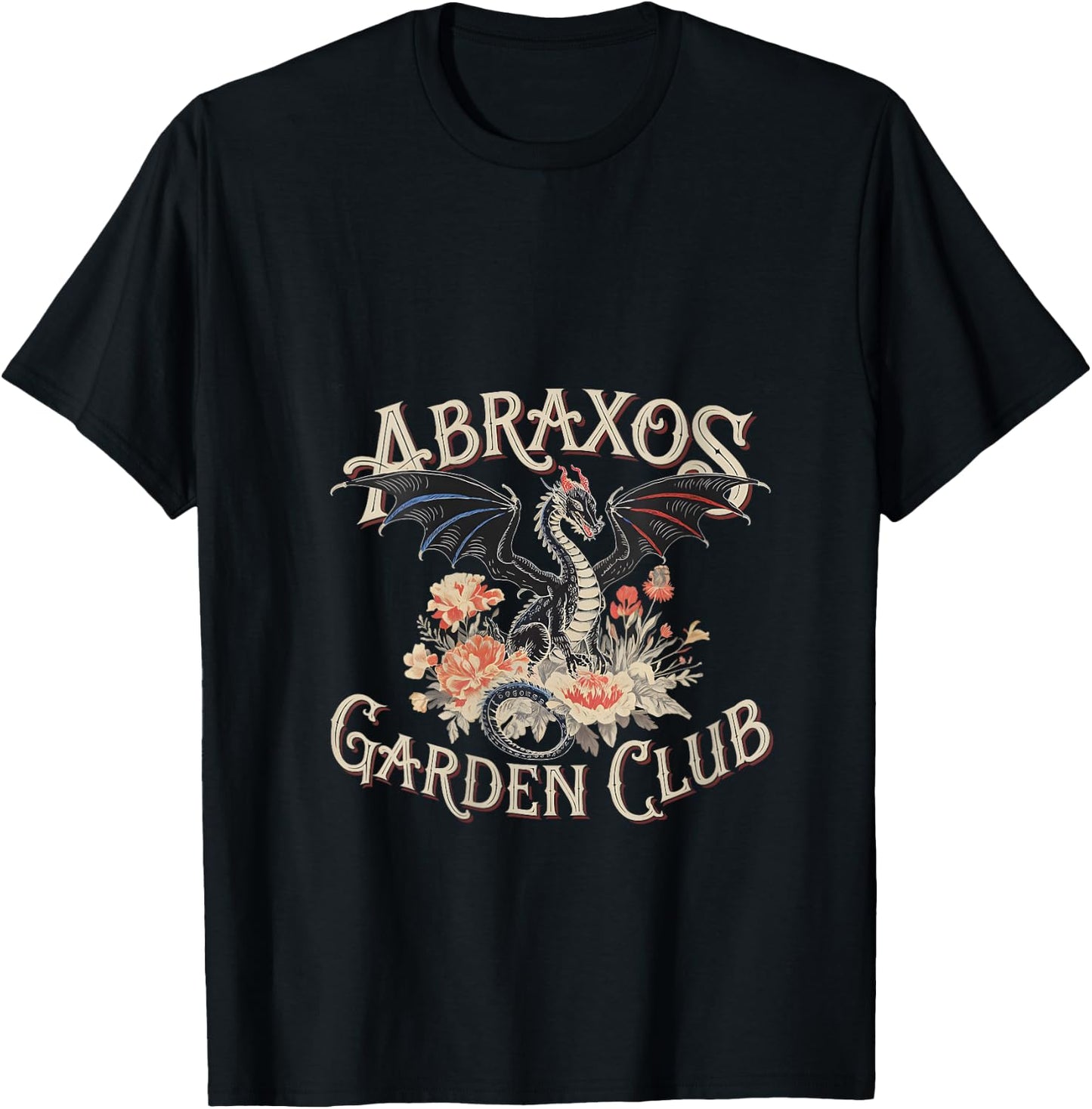 Abraxos Garden Club Dragon Vintage Fantasy Floral Design V-Neck T-Shirt - T-Shirt | Black
