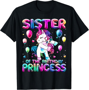 Sister of the Birthday Princess Girl Flossing Unicorn Sister T-Shirt - T-Shirt | Black