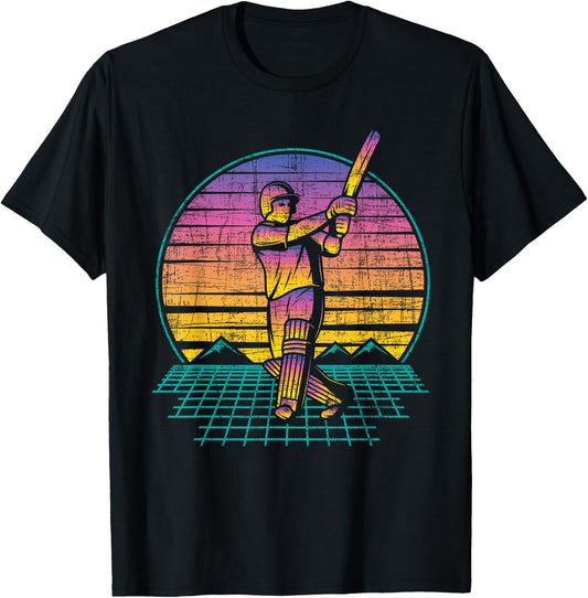 Retro Vintage Cricket Player - 80s Cricketer Batsman Batting T-Shirt - T-Shirt | Black
