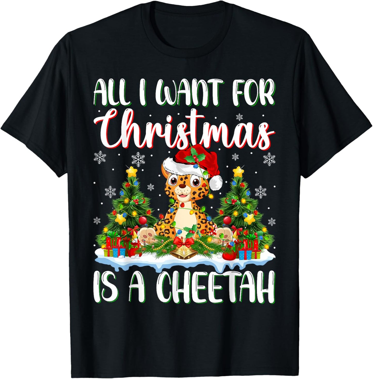 I Want For Christmas Is A Cheetah Xmas Tree Lights T-Shirt - T-Shirt | Black