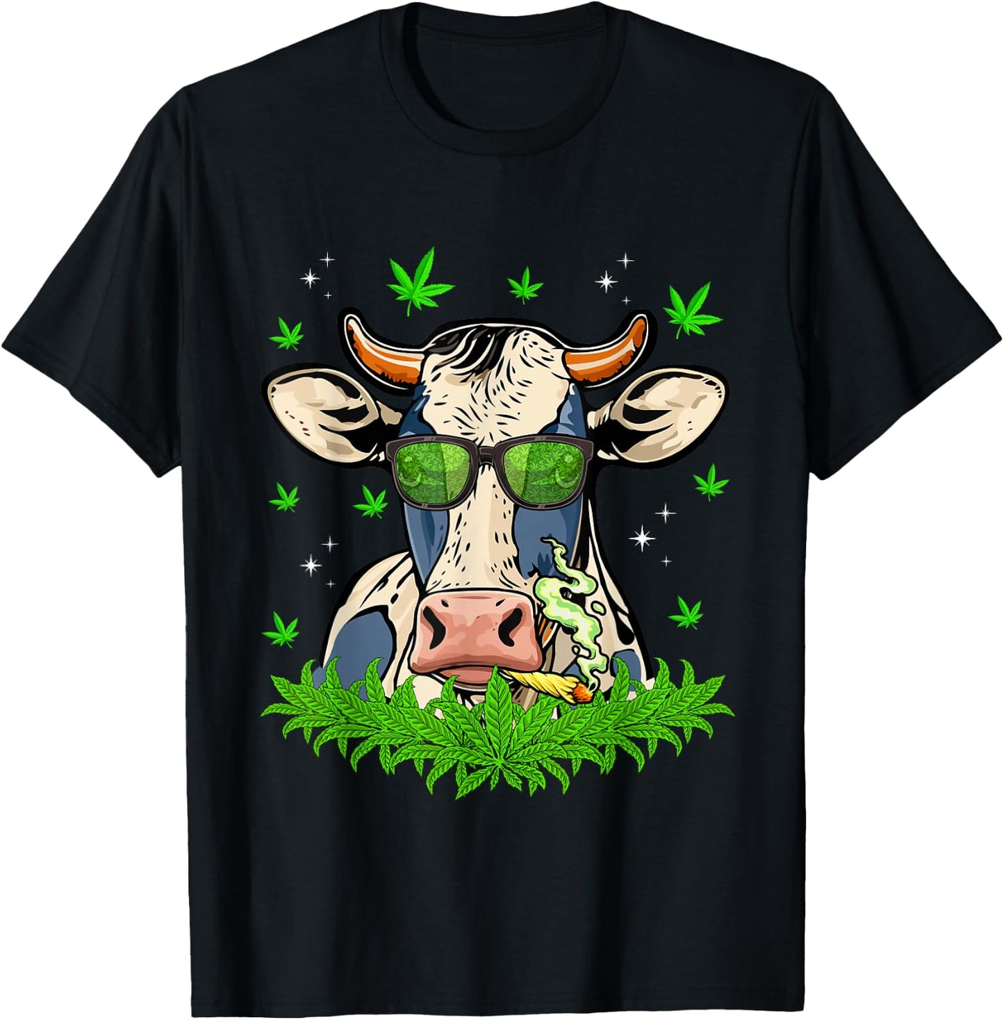 Funny Cow Smoking Weed Sunflower Animals Farming Dad Papa T-Shirt - T-Shirt | Black