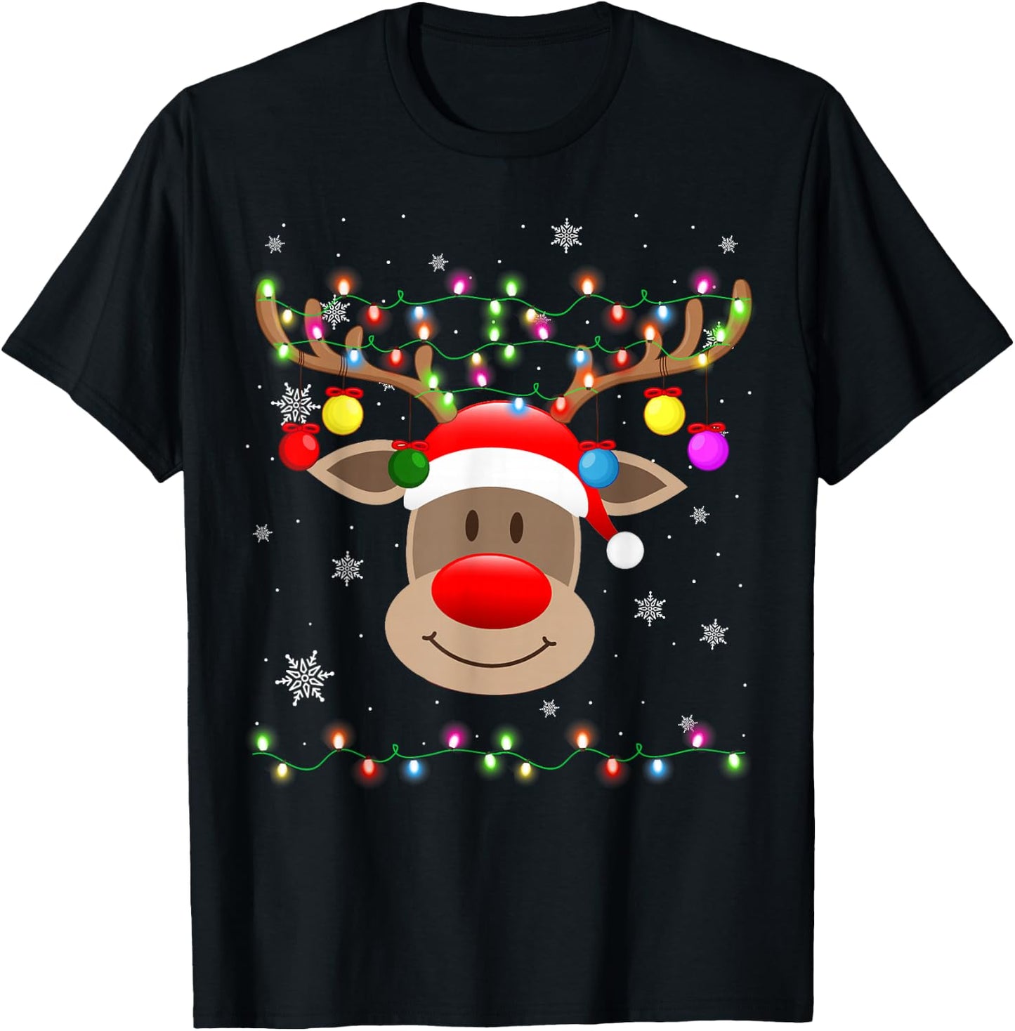 Red Nose Reindeer Snowflakes Chirstmas Lights T-Shirt - T-Shirt | Black
