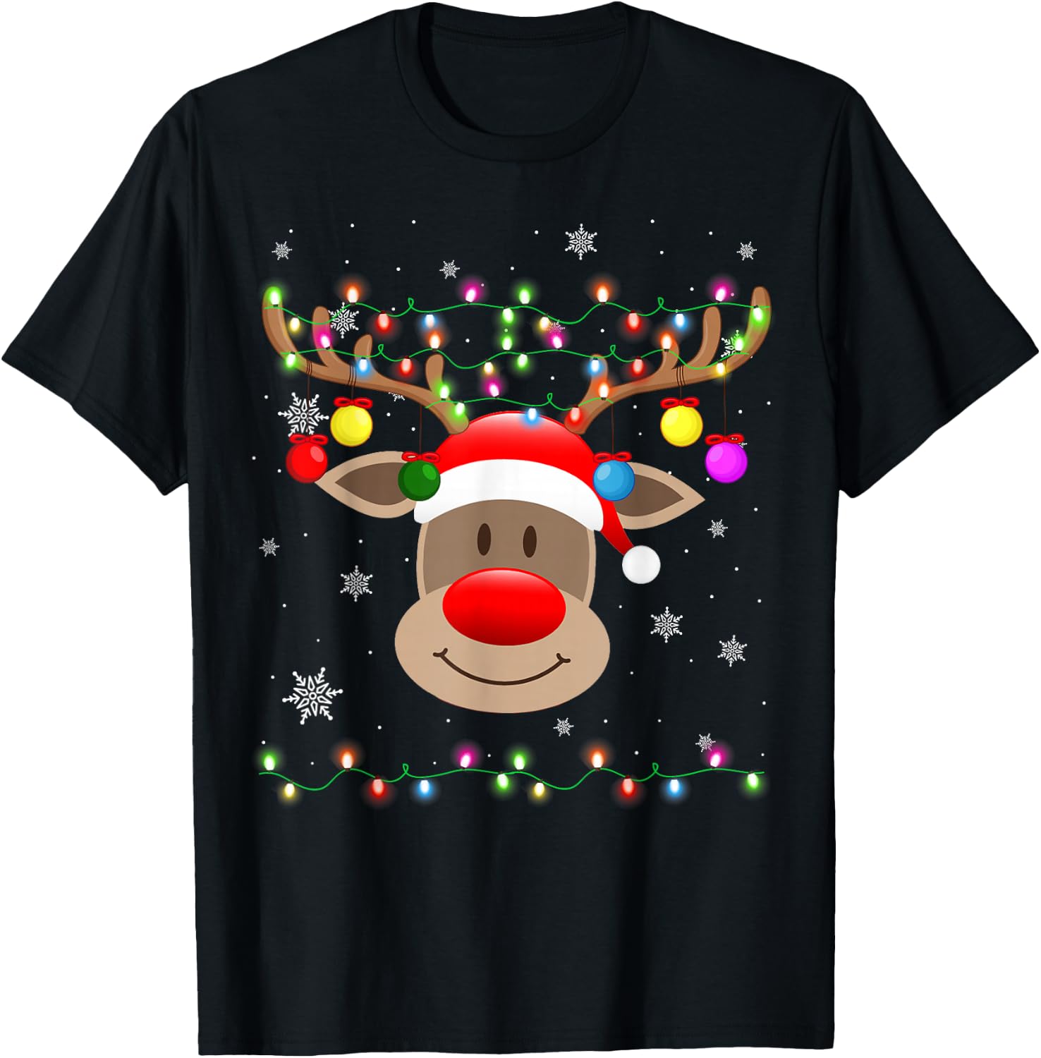Red Nose Reindeer Snowflakes Chirstmas Lights T-Shirt - T-Shirt | Black