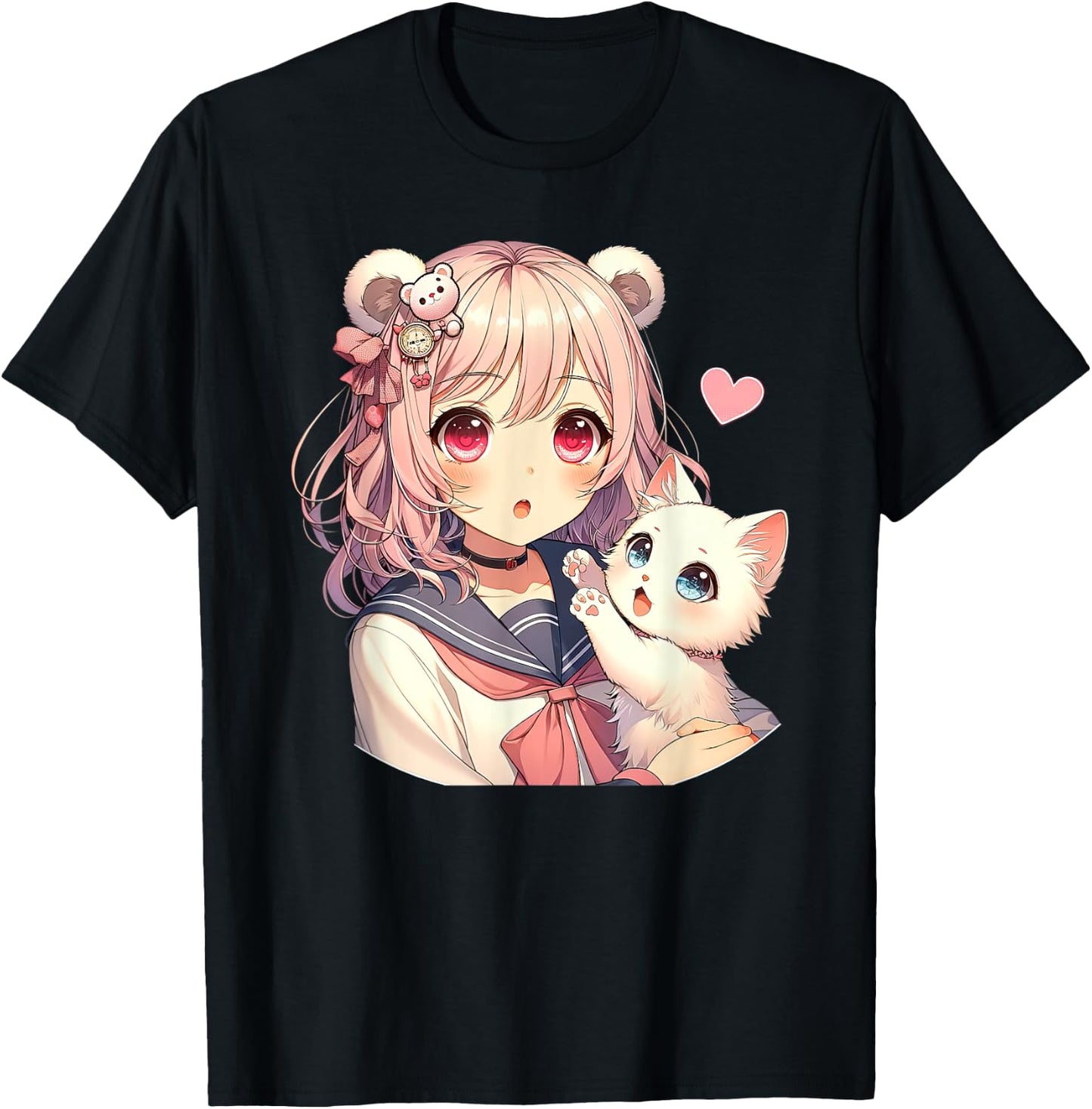 Anime Kawaii, girl with cute cat, adorable pink design, Otaku , Black, S T-Shirt - T-Shirt | Black