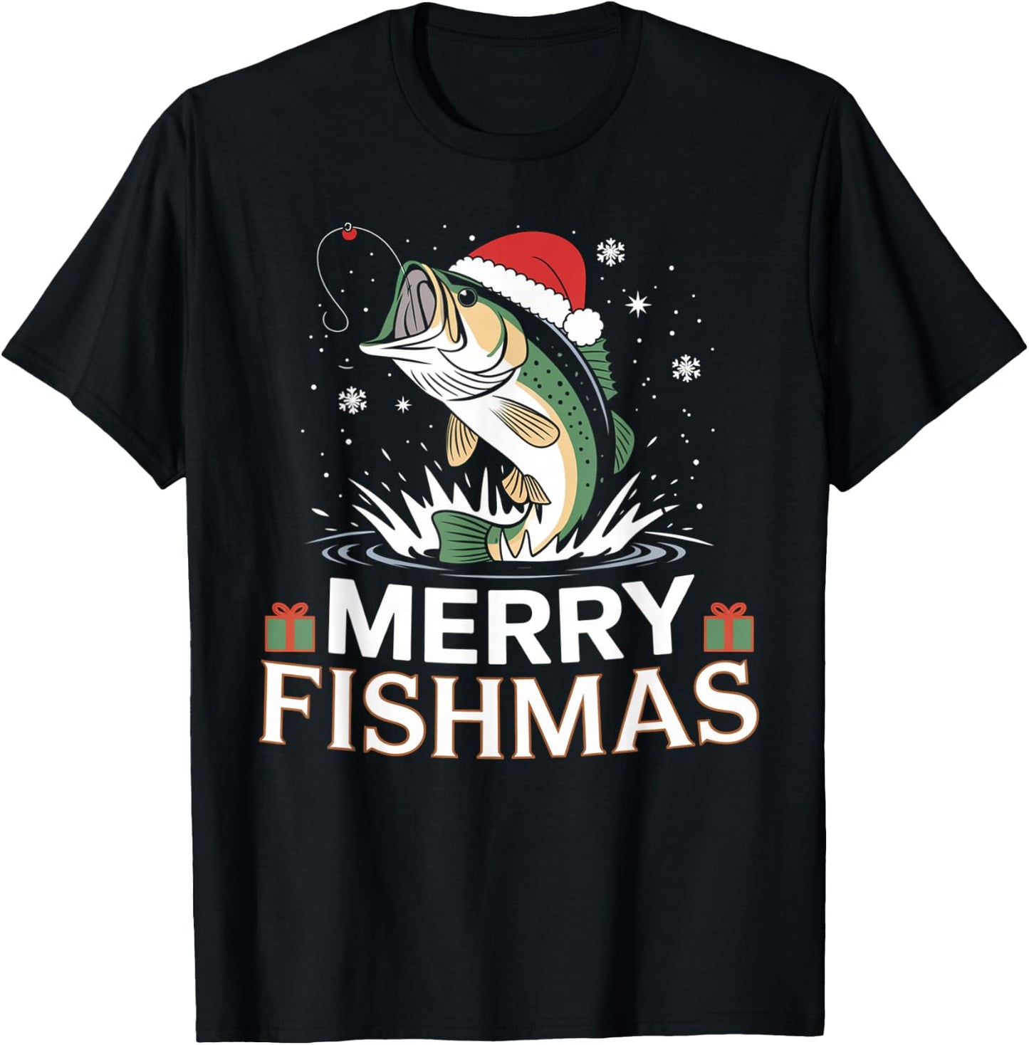 Merry Fishmas, Funny Fishing Design for Christmas , Black, S T-Shirt - T-Shirt | Black