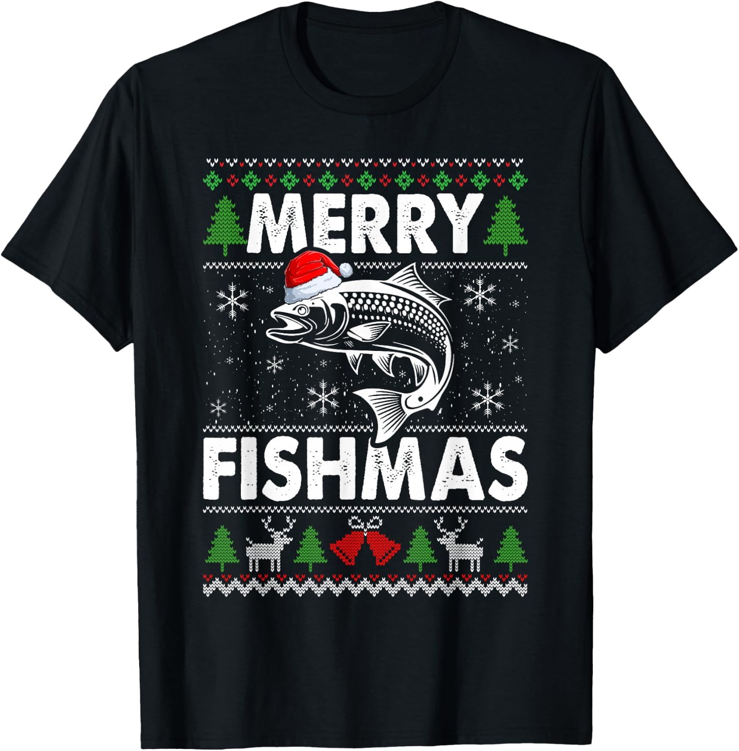 Merry Fishmas Fisherman Fishing Ugly Christmas T-Shirt - T-Shirt | Black