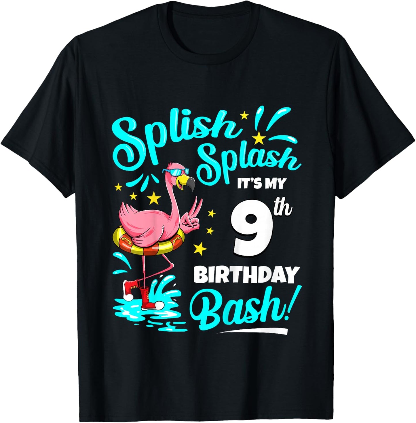 9th Birthday Flamingo 9 Years Old Pool Party Summer T-Shirt - T-Shirt | Black