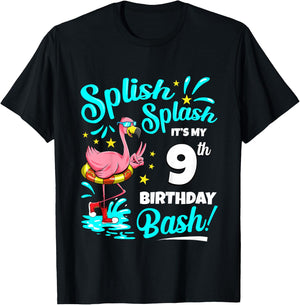 9th Birthday Flamingo 9 Years Old Pool Party Summer T-Shirt - T-Shirt | Black
