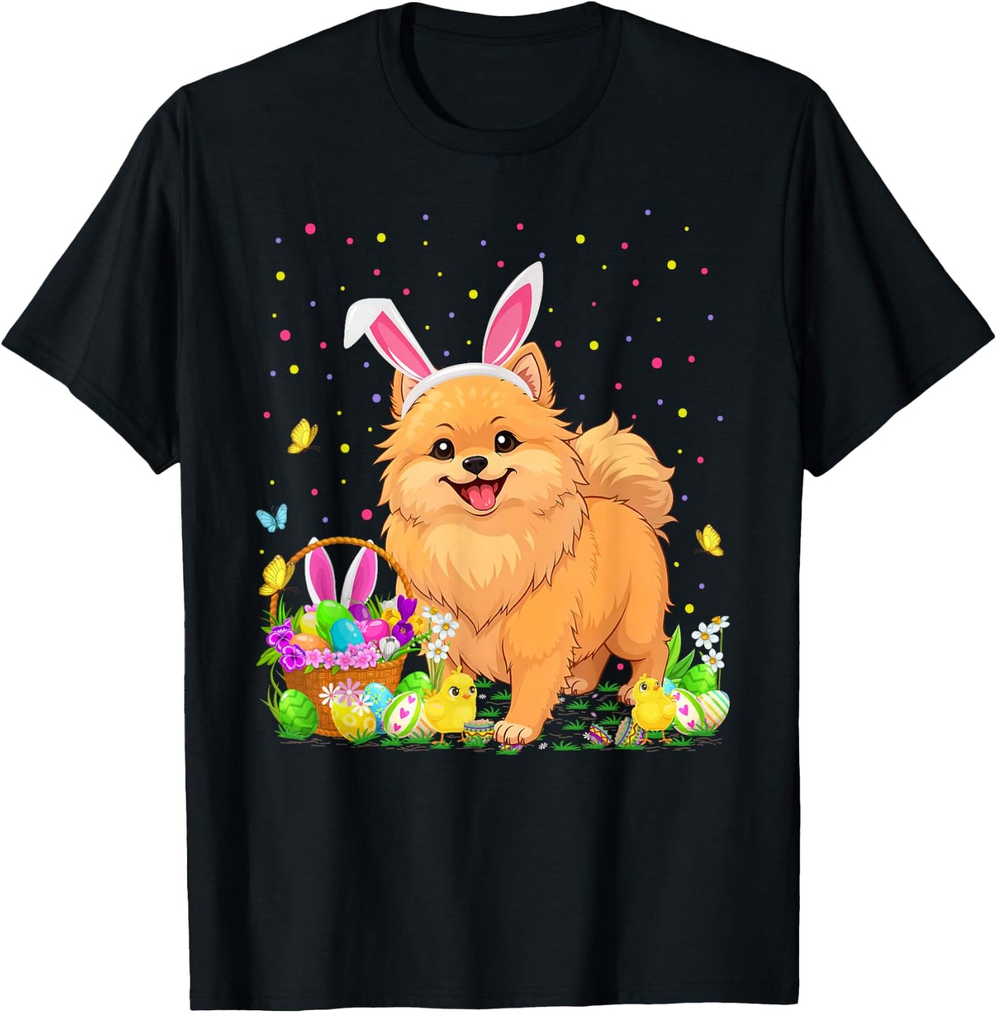 Pomeranian Dog Easter Egg Hunt Bunny Ear Pomeranian Easter T-Shirt - T-Shirt | Black